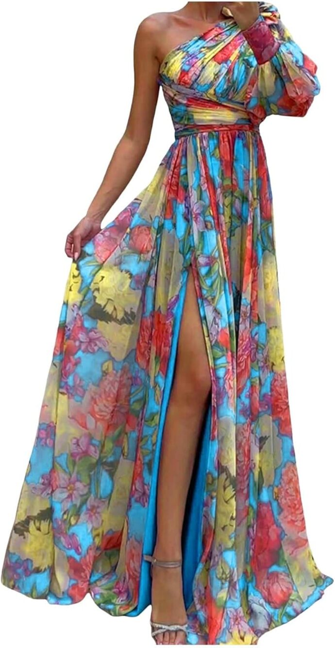 SooLinen One Shoulder Long Sleeve Slit Maxi Dress in Multi Floral, Size L